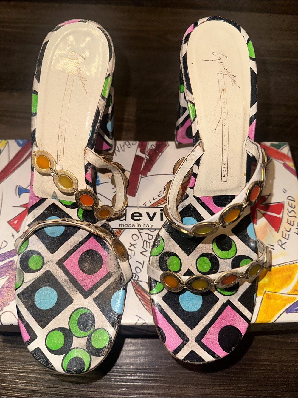 Giuseppe Zanotti Multicolor Geometric Mules with Gold Chain - Picture 7 of 7
